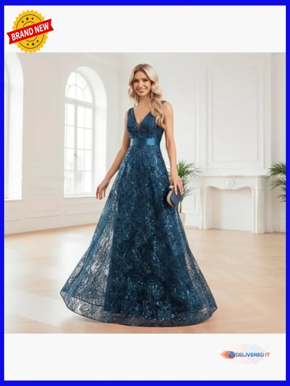 Sequin Embroidered V-Neck Maxi Formal Dress with Backless A-Line Silhouette - Picture 3 of 7